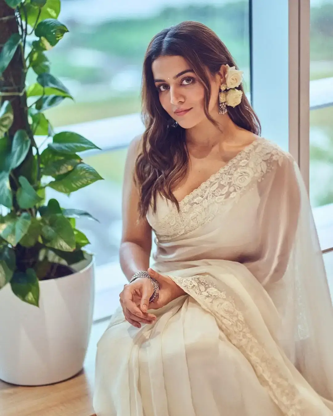 Indian Actress Wamiqa Gabbi in White Colour Saree